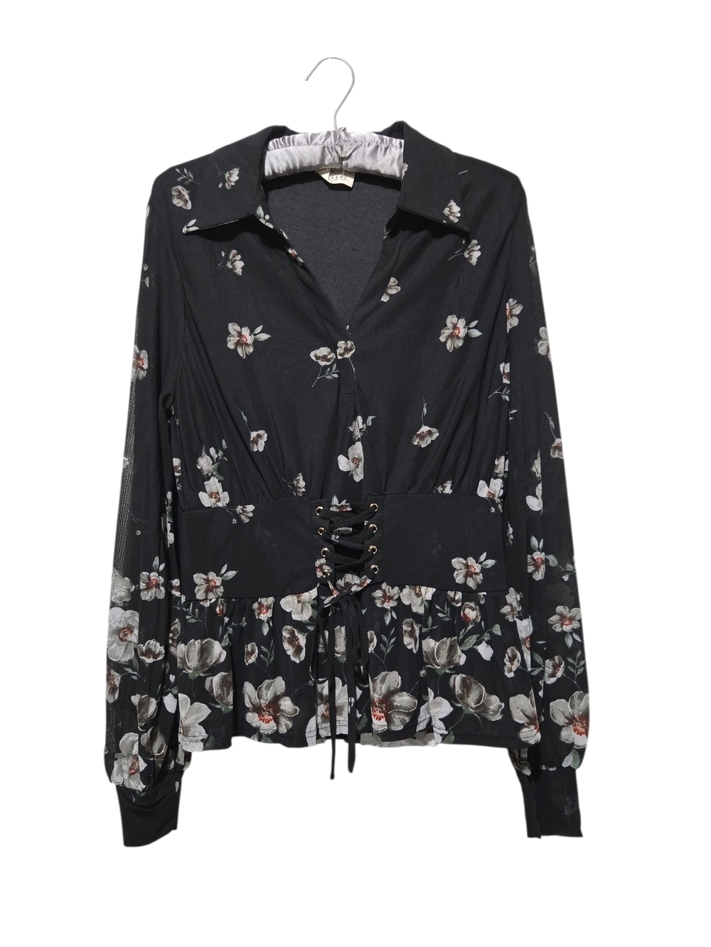 Black Floral Mesh Lace-Up Corset Waist Blouse Romantic Sheer Sleeve Whimsigoth